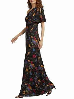 NWT SACHIN + BABI Black Floral Sleeveless One Shoulder Bow Dress Gown Size 8